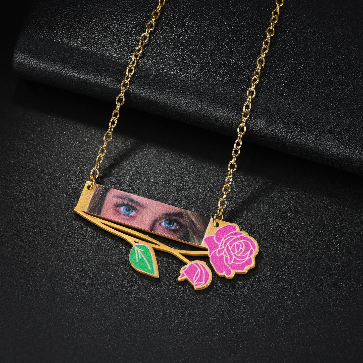 Female customized name English letters print photo fashion rose flower jewelry necklace