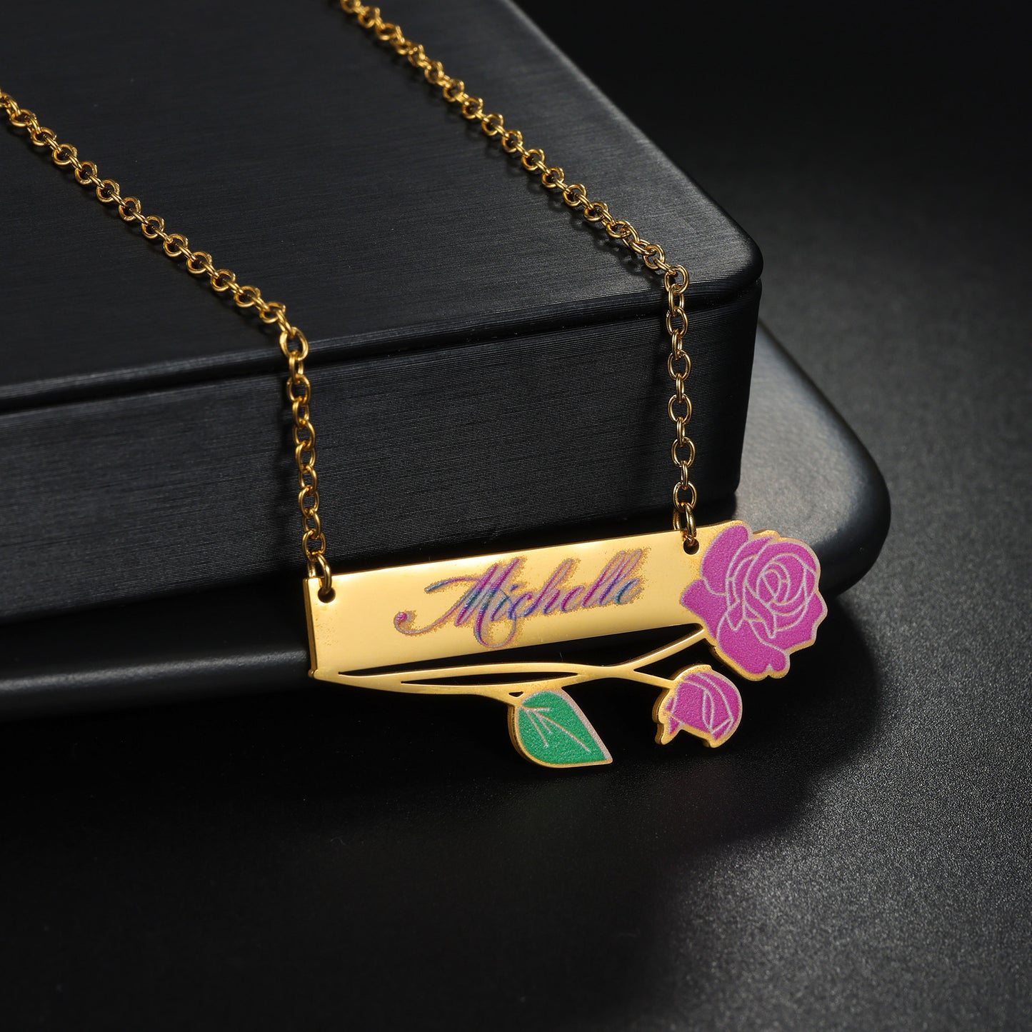 Female customized name English letters print photo fashion rose flower jewelry necklace