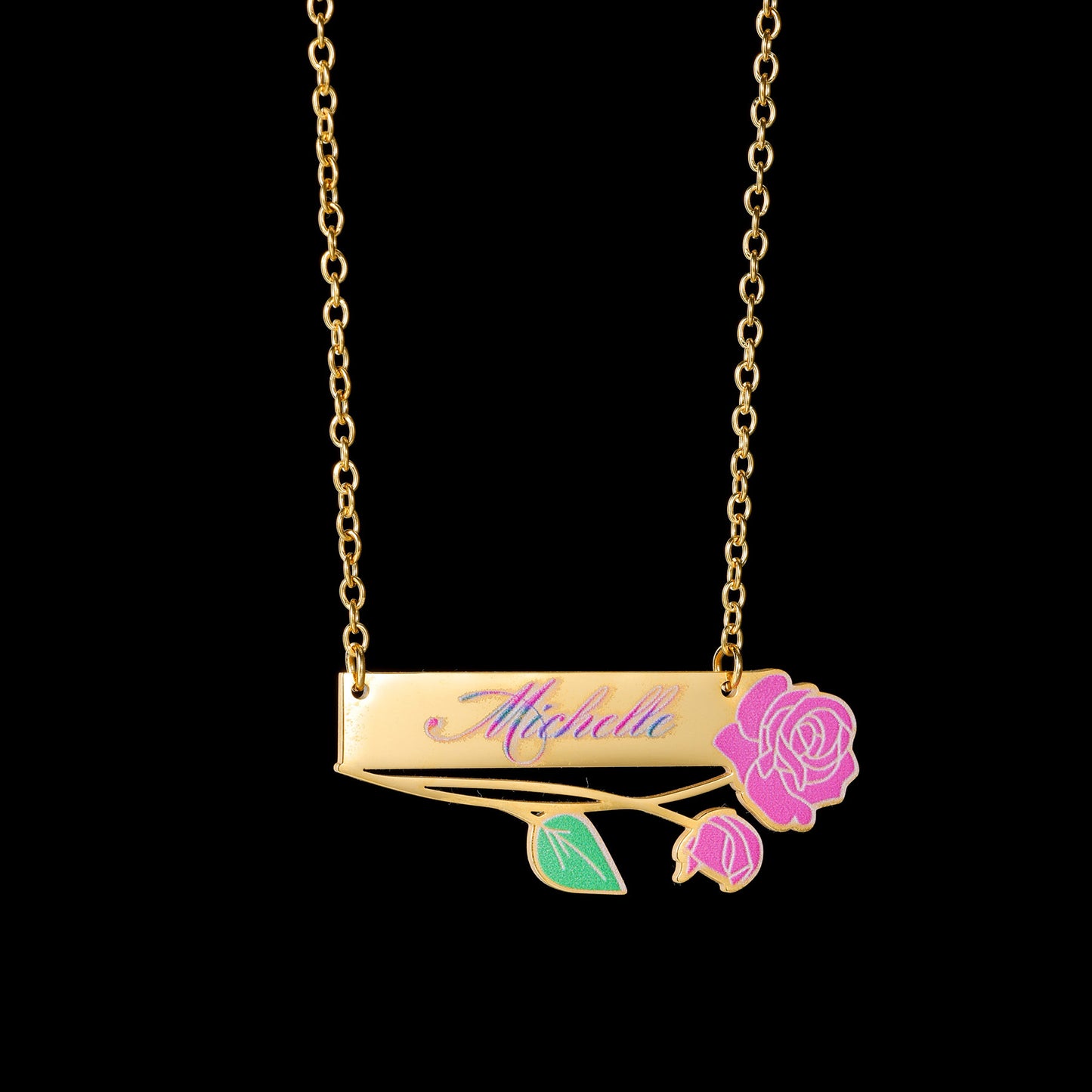Female customized name English letters print photo fashion rose flower jewelry necklace