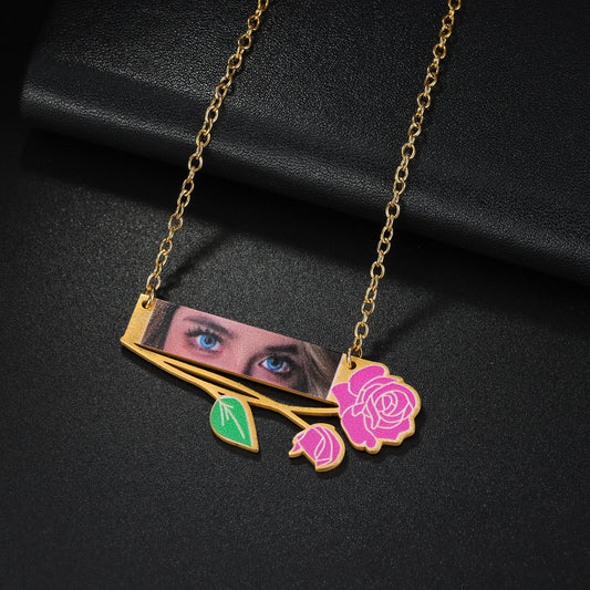 Female customized name English letters print photo fashion rose flower jewelry necklace